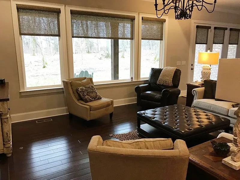 Window treatments framing a finished living room