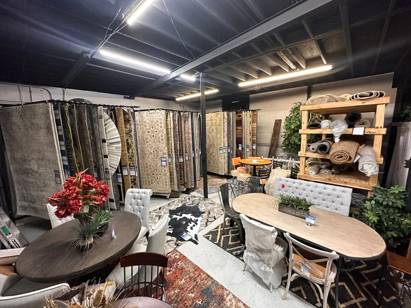 Area rug anchoring a furniture arrangement in the showroom