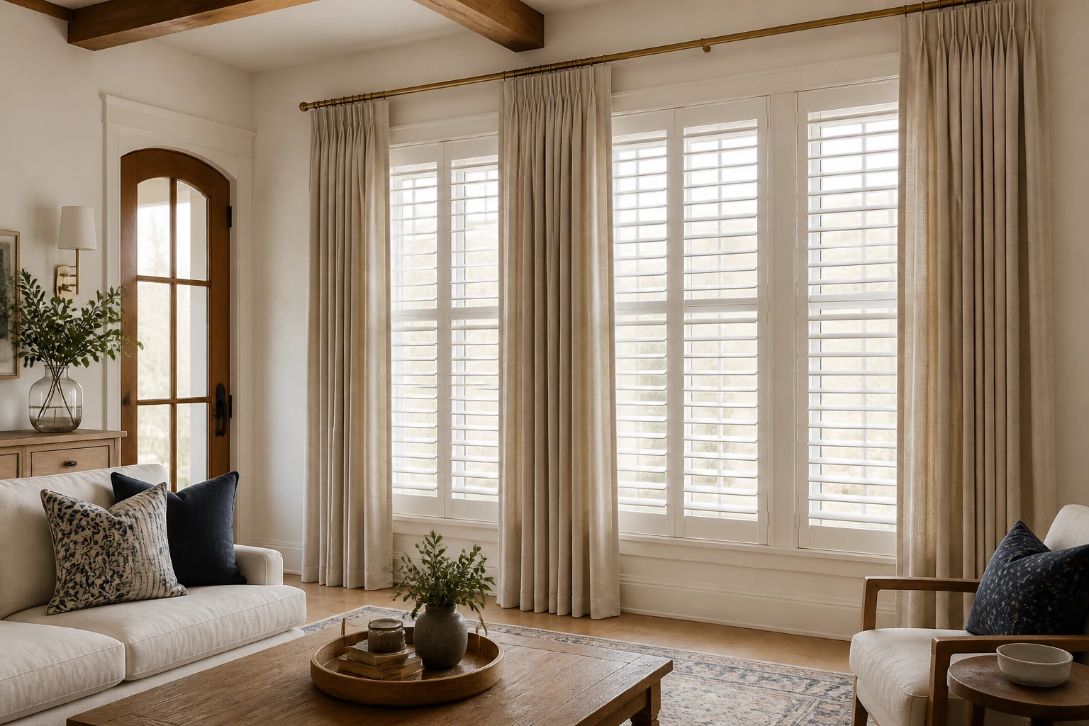 Plantation shutters and linen drapery in a finished living room