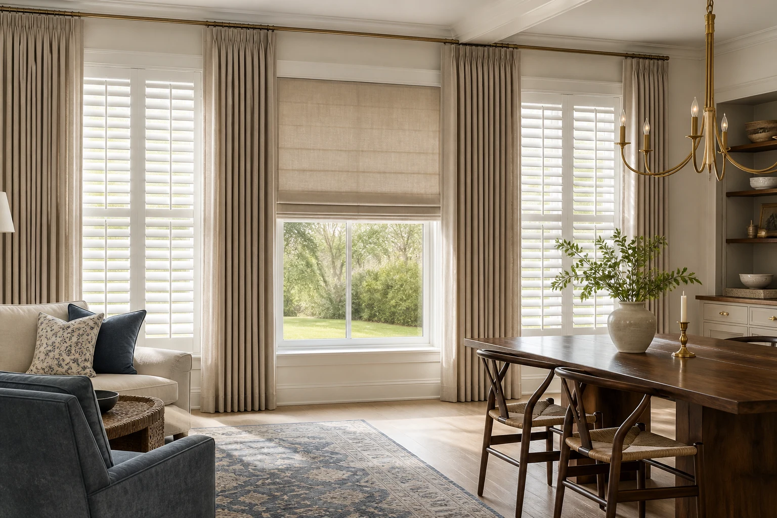 Layered shutters, shades, drapery, rug, and furniture in a finished room