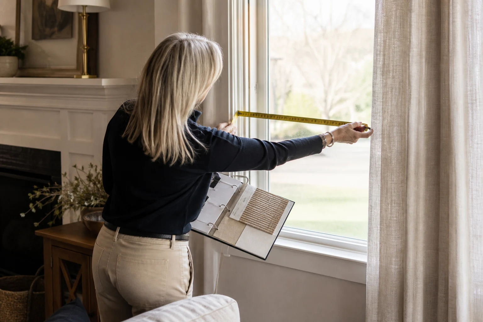 Window-treatment specialist measuring a window with material samples