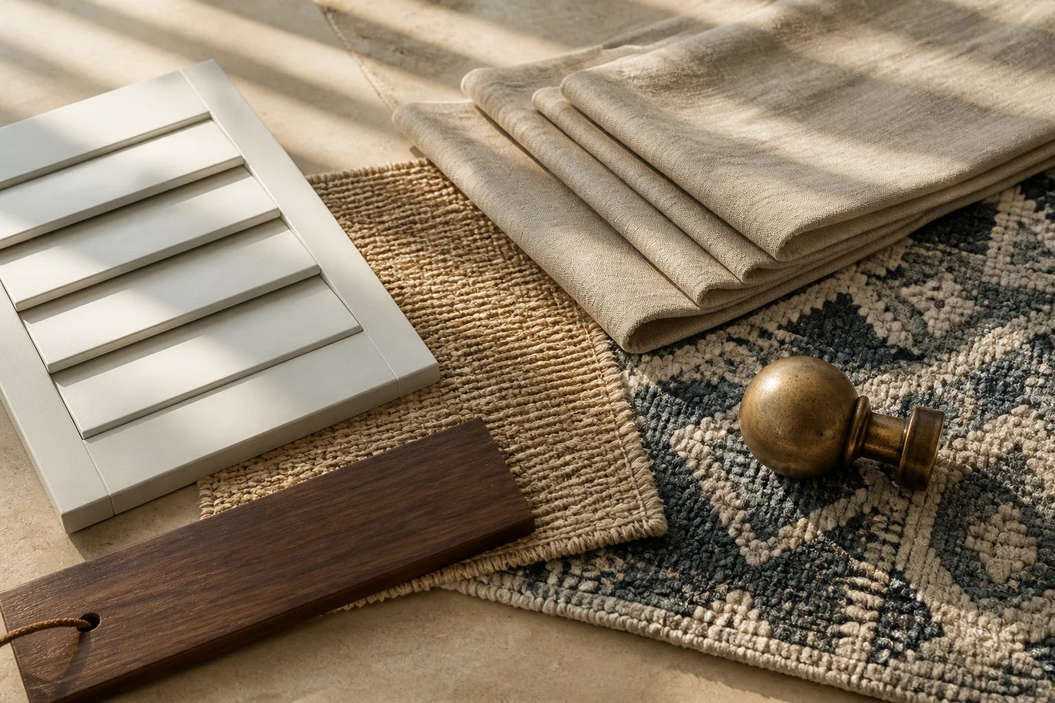 Shutter, shade, drapery, rug, wood, and hardware material study