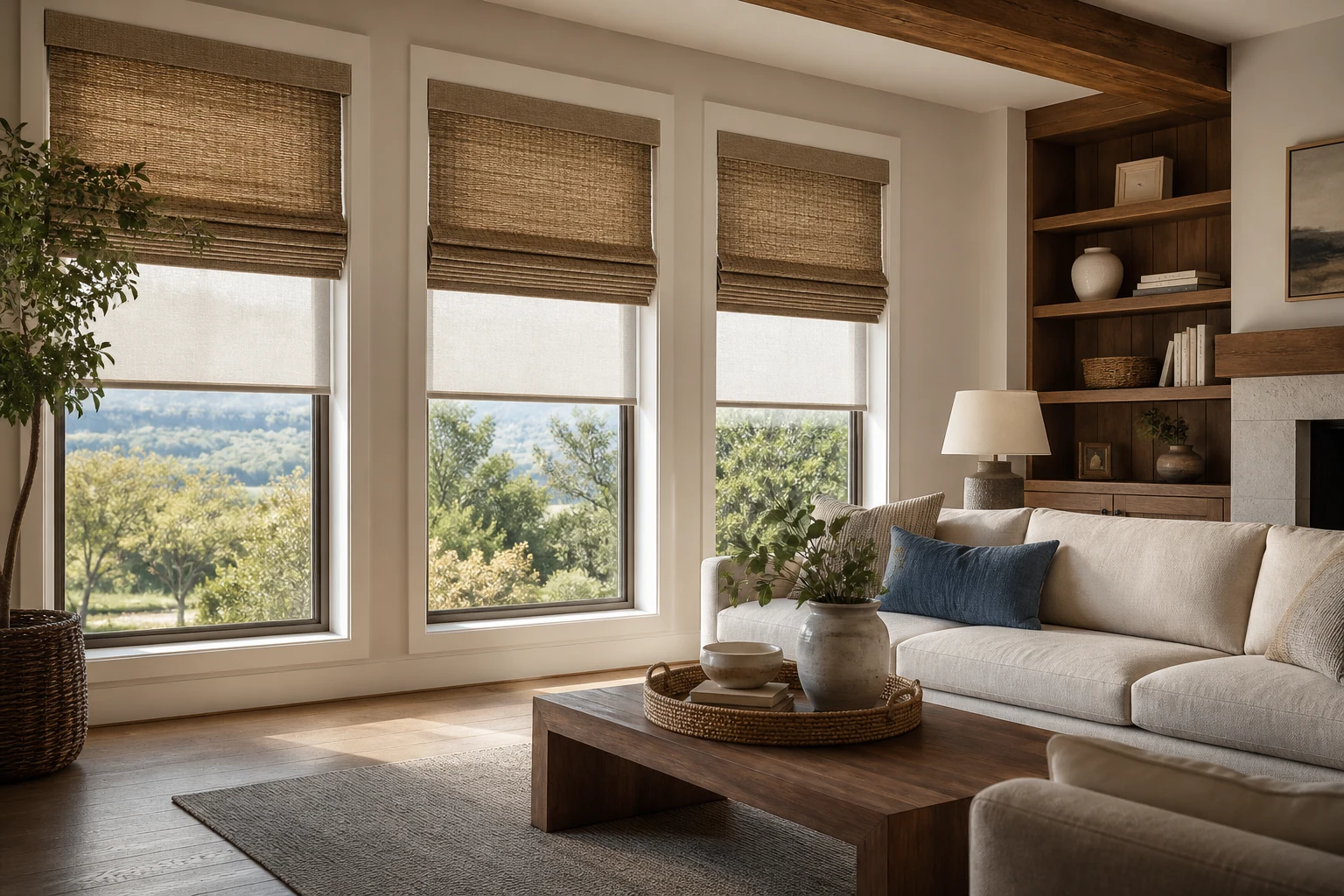 Layered woven Roman shades and roller shades in a warm living room